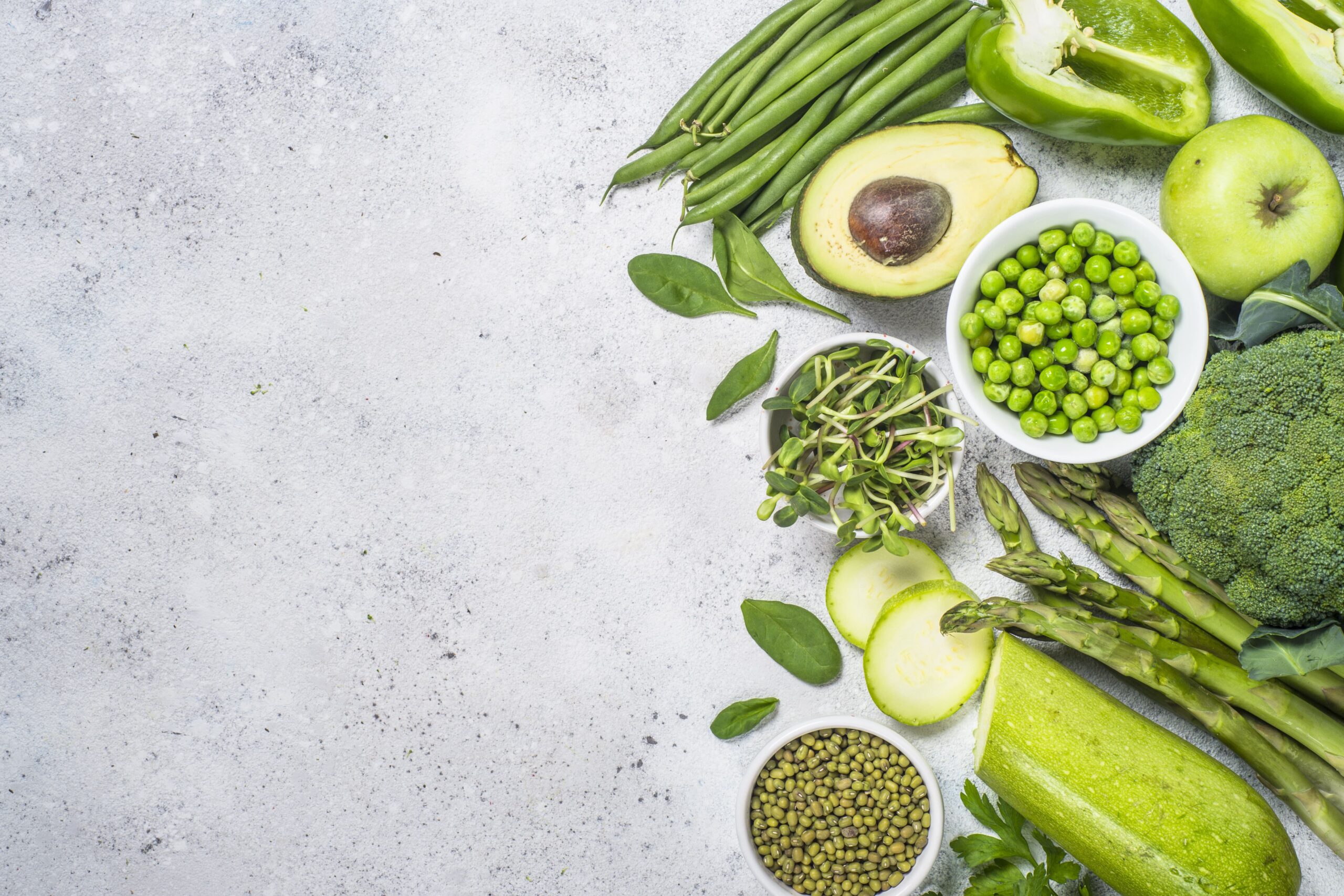 A colourful assortment of fresh green foods