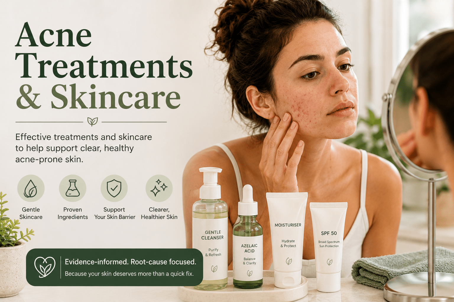 Acne skincare products arranged beside a mirror with a person gently examining acne-prone skin, representing acne treatments and skincare