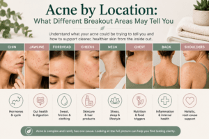 Acne location can sometimes offer clues, but the full picture includes hormones, gut health, stress, skincare, inflammation and lifestyle