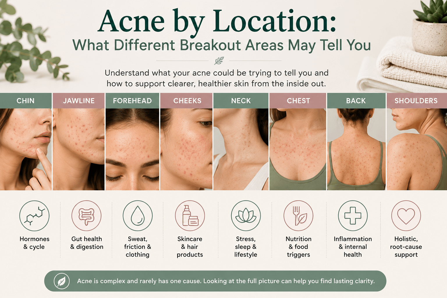 Acne location can sometimes offer clues, but the full picture includes hormones, gut health, stress, skincare, inflammation and lifestyle