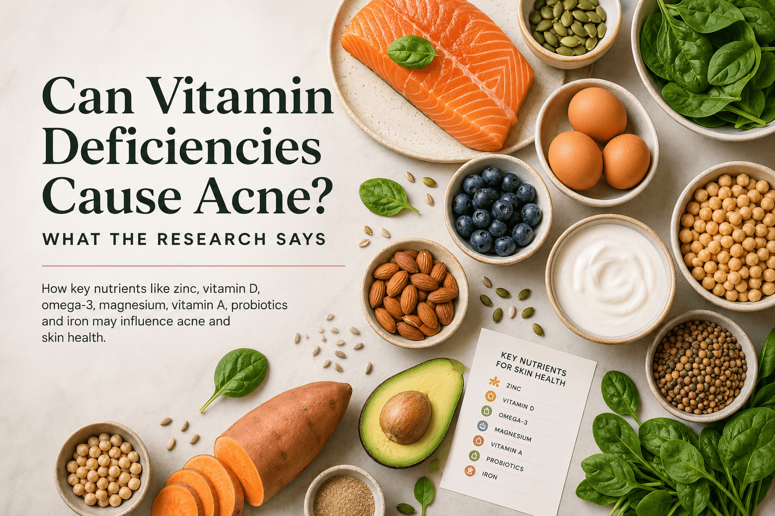 Nutrient-rich foods including oily fish, leafy greens, seeds, eggs, beans and colourful vegetables representing vitamins and acne support
