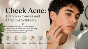 Person gently touching their cheek with visible mild acne breakouts, representing cheek acne in a unisex skin health guide