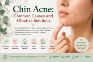 Woman gently touching chin with visible mild acne breakouts, representing chin acne and hormonal skin patterns