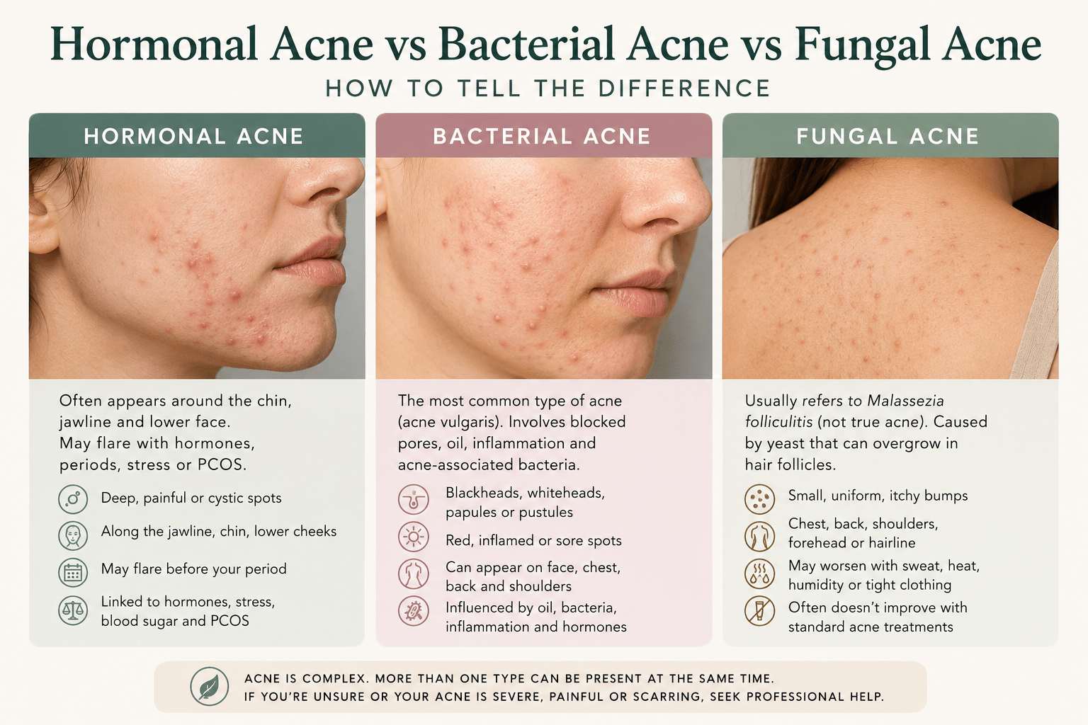 Illustration showing three acne patterns labelled hormonal acne, bacterial acne and fungal acne