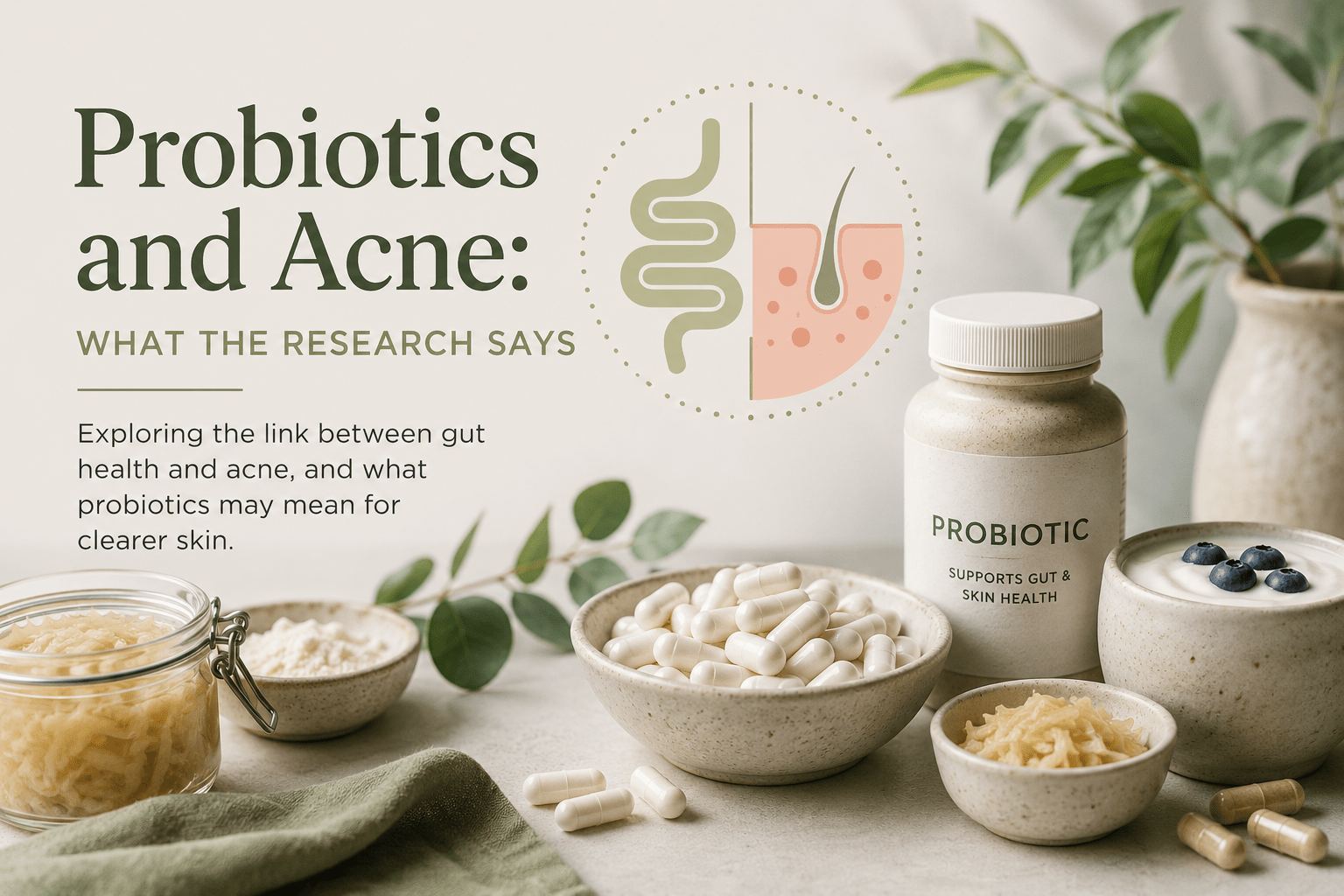 Probiotics and acne illustration showing the gut-skin axis, beneficial bacteria and foods that support gut health