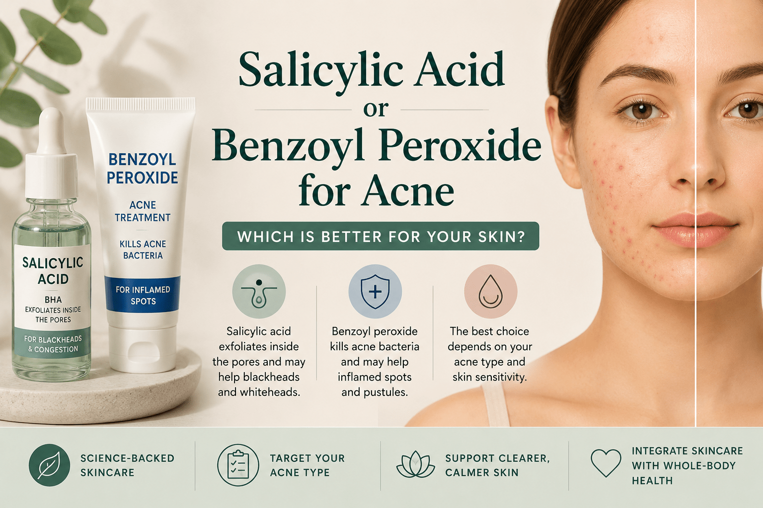 Salicylic acid and benzoyl peroxide can both support acne-prone skin, but the best choice depends on your acne type and skin sensitivity