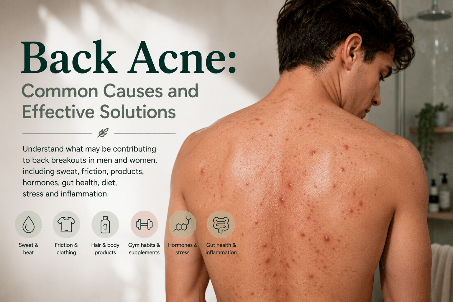 Person looking at visible acne breakouts on their upper back, representing back acne in a unisex skin health guide