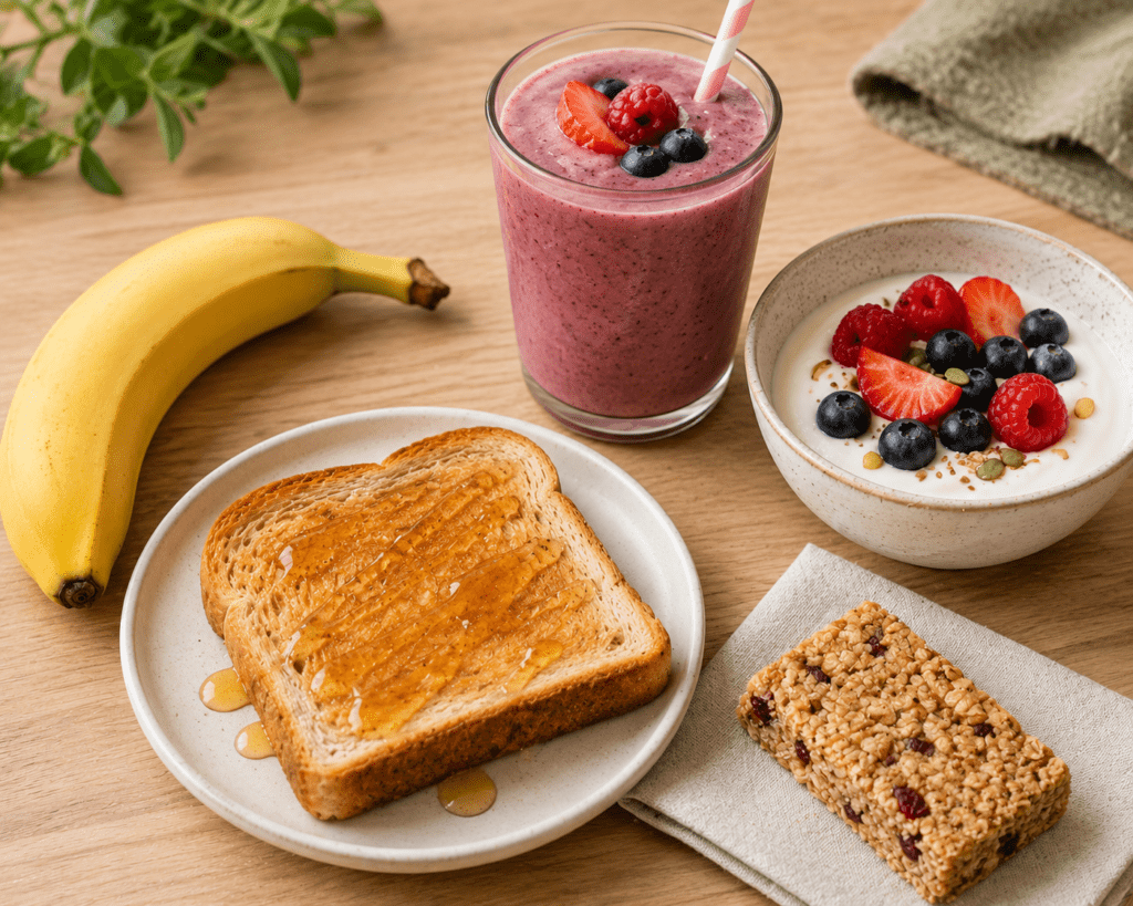 banana-honey-toast-oat-bar-smoothie-yoghurt