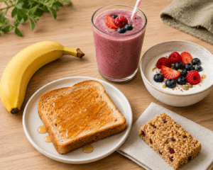 banana-honey-toast-oat-bar-smoothie-yoghurt