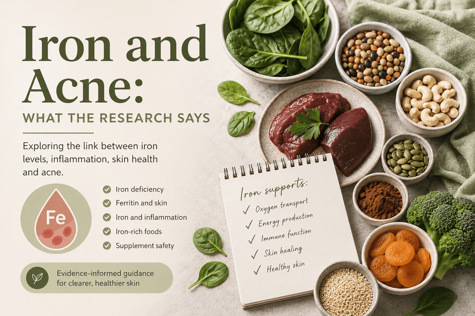 Iron and acne educational image showing iron-rich foods, skin health and nutrient support