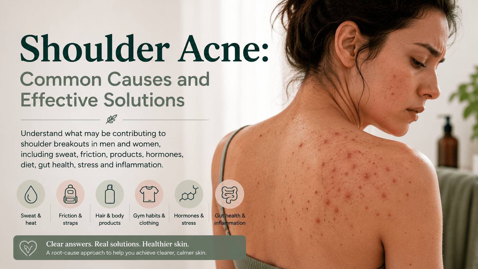 Person looking at visible acne breakouts on their shoulders, representing shoulder acne in a unisex skin health guide