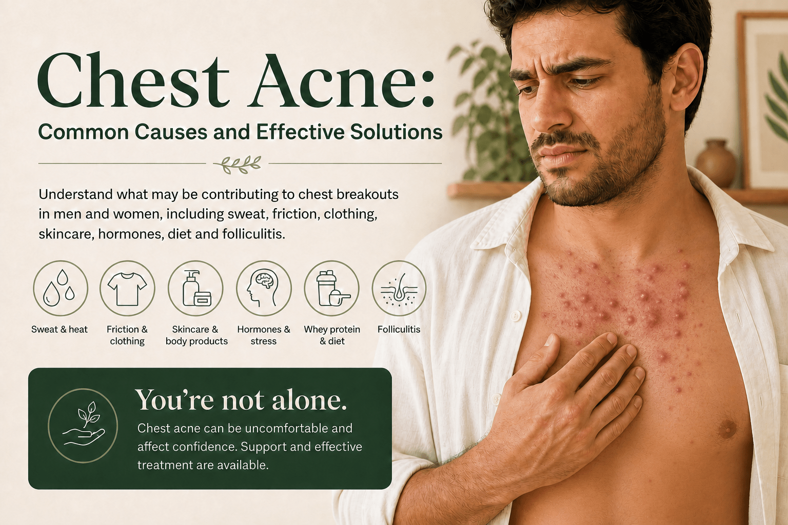 Adult man looking uncomfortable while touching mixed inflammatory acne concentrated on the upper central chest